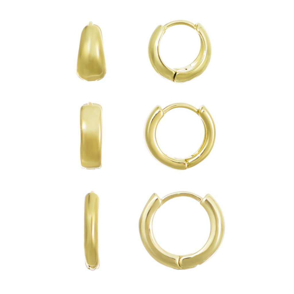 14k Gold Plated Huggie Hoop 3-Piece Earring Set