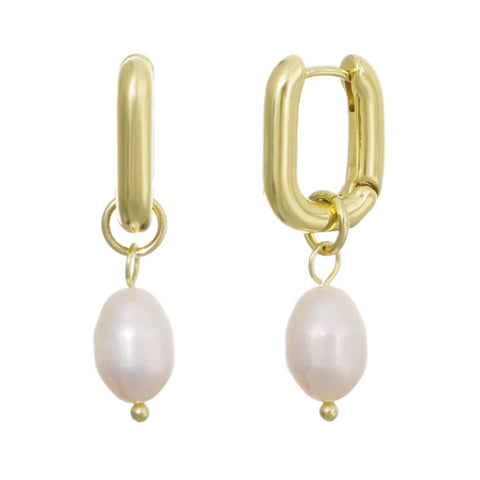 14k Gold Plated Detachable Freshwater Pearl Rectangle Huggie Hoops