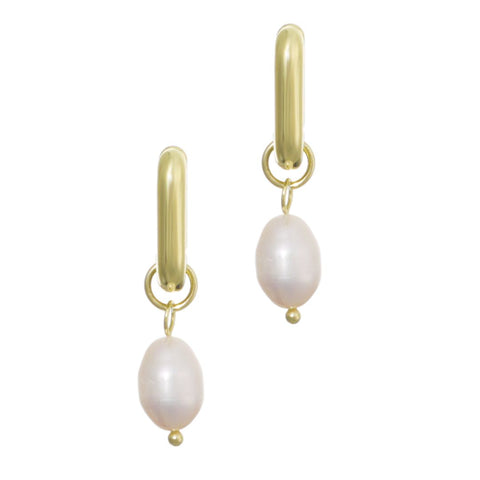 14k Gold Plated Detachable Freshwater Pearl Rectangle Huggie Hoops