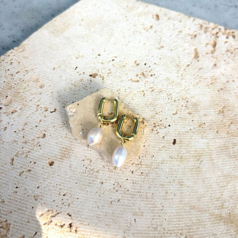 14k Gold Plated Detachable Freshwater Pearl Rectangle Huggie Hoops