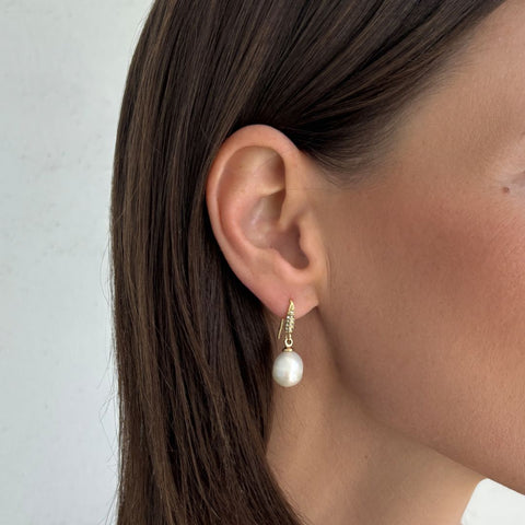 14k Gold Plated Freshwater Pearl CZ Drop Earrings