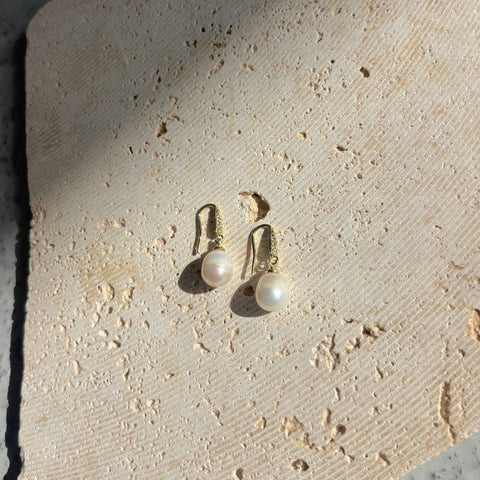 14k Gold Plated Freshwater Pearl CZ Drop Earrings