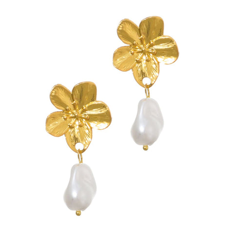 Tarnish Resistant 18k Gold Plated Statement Flower with Pearl Drop Earrings