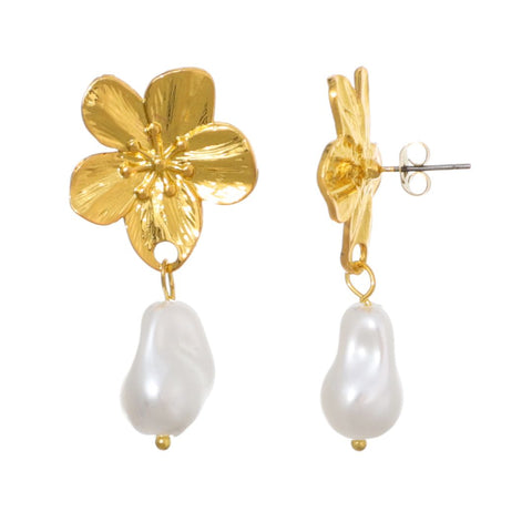 Tarnish Resistant 18k Gold Plated Statement Flower with Pearl Drop Earrings