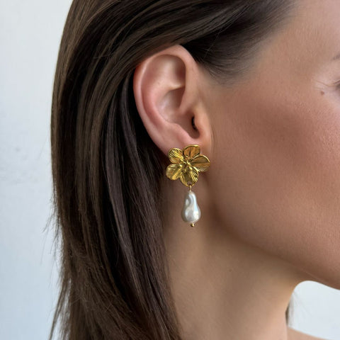 Tarnish Resistant 18k Gold Plated Statement Flower with Pearl Drop Earrings