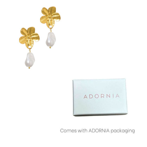 Tarnish Resistant 18k Gold Plated Statement Flower with Pearl Drop Earrings