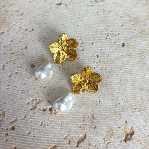 Tarnish Resistant 18k Gold Plated Statement Flower with Pearl Drop Earrings