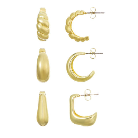 14k Gold Plated Chunky 3-Piece Hoop Earring Set