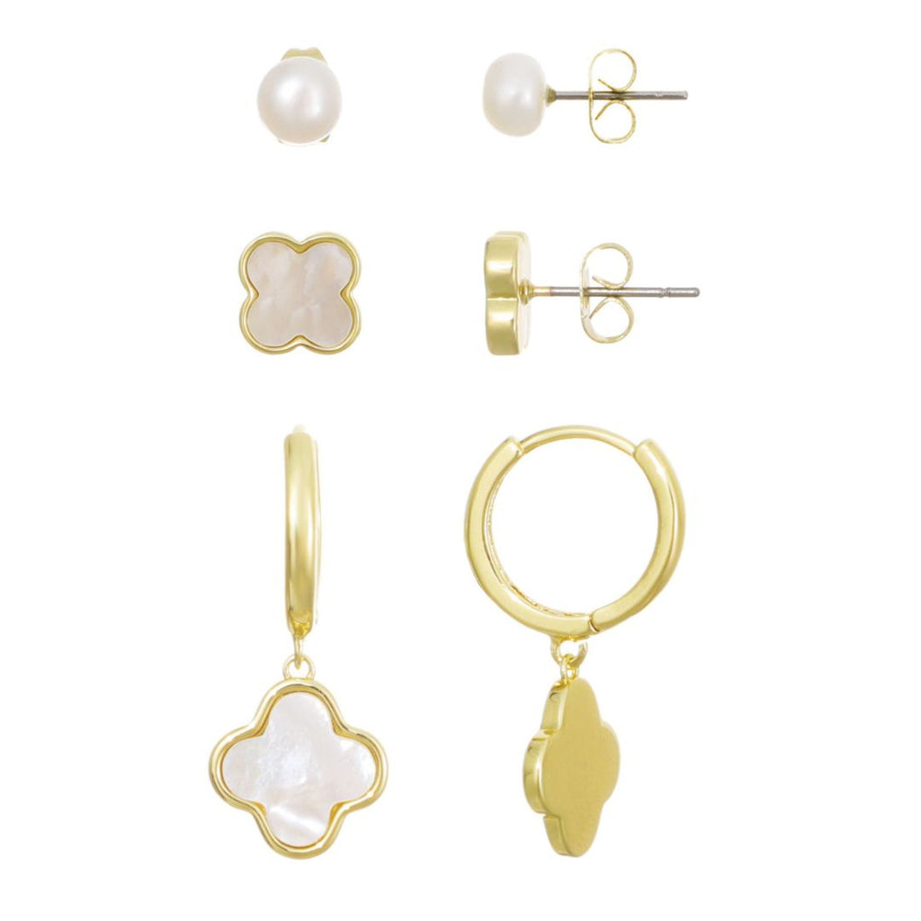 14k Gold Plated Clover and Freshwater Pearl 3-Piece Earring Set