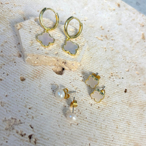14k Gold Plated Clover and Freshwater Pearl 3-Piece Earring Set