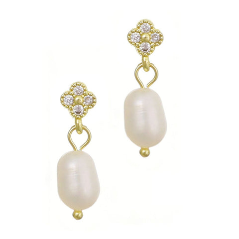 14k Gold Plated CZ Clover Freshwater Pearl Drop Earrings
