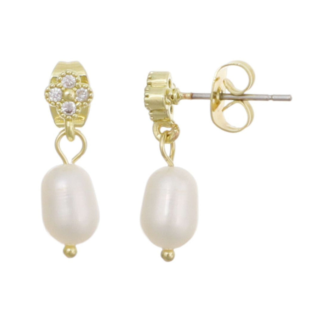 14k Gold Plated CZ Clover Freshwater Pearl Drop Earrings