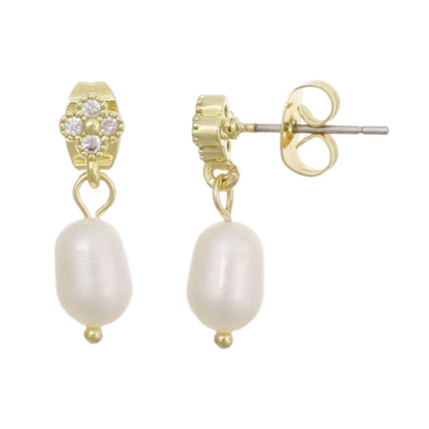 14k Gold Plated CZ Clover Freshwater Pearl Drop Earrings
