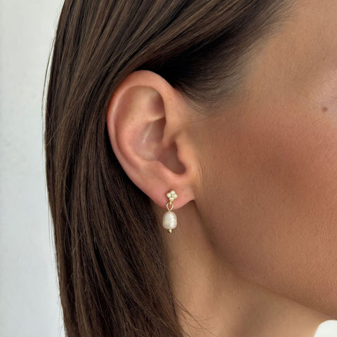 14k Gold Plated CZ Clover Freshwater Pearl Drop Earrings