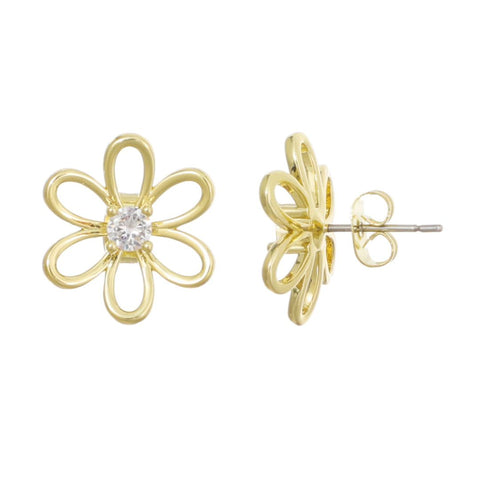 14k Gold Plated CZ Flower Outline Stud Earrings