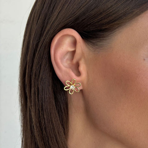14k Gold Plated CZ Flower Outline Stud Earrings