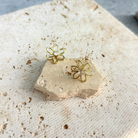 14k Gold Plated CZ Flower Outline Stud Earrings