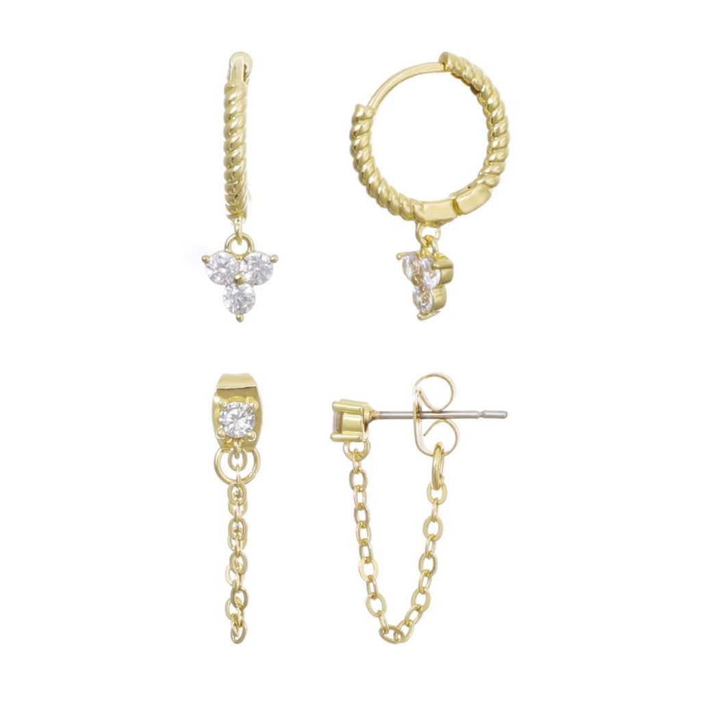 14k Gold Plated CZ Huggie Hoop and Chain Wrap 2-Piece Earring Set