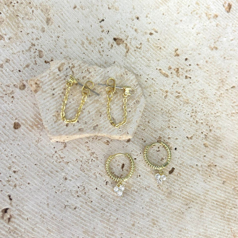 14k Gold Plated CZ Huggie Hoop and Chain Wrap 2-Piece Earring Set