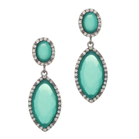Silver Aqua Green Crystal  Statement Earrings