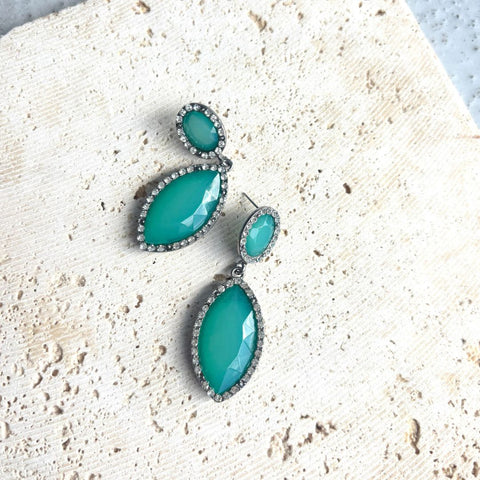 Silver Aqua Green Crystal  Statement Earrings
