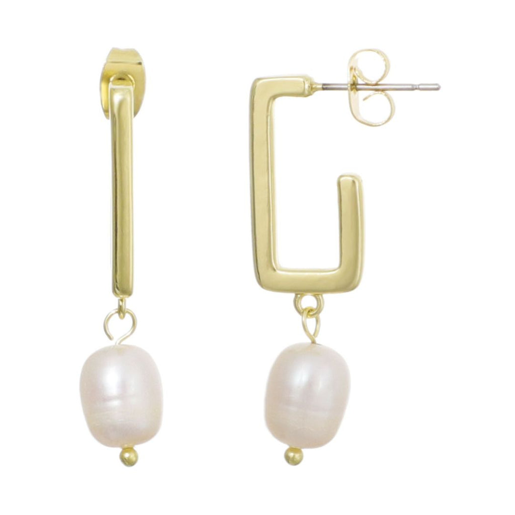14k Gold Plated Freshwater Pearl Rectangle Drop Earrings