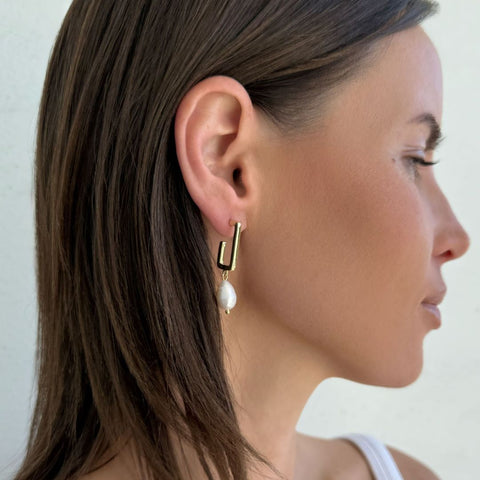 14k Gold Plated Freshwater Pearl Rectangle Drop Earrings
