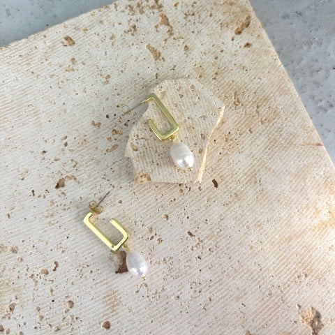 14k Gold Plated Freshwater Pearl Rectangle Drop Earrings