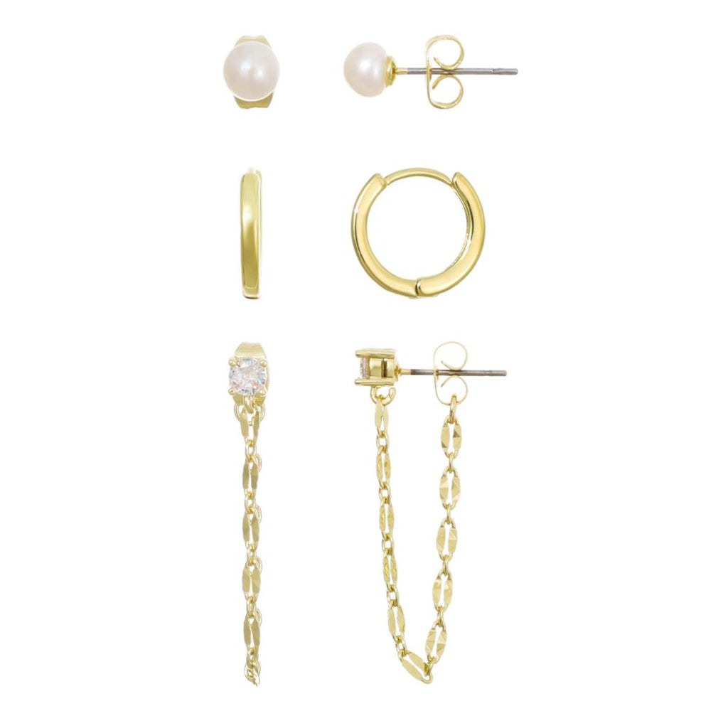 14k Gold Plated Freshwater Pearl, Huggie, and Drop Chain 3-Piece Earring Set