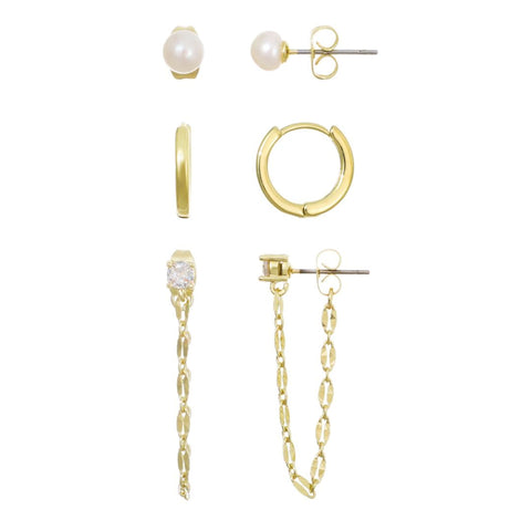 14k Gold Plated Freshwater Pearl, Huggie, and Drop Chain 3-Piece Earring Set