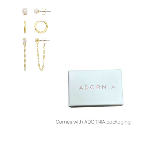 14k Gold Plated Freshwater Pearl, Huggie, and Drop Chain 3-Piece Earring Set