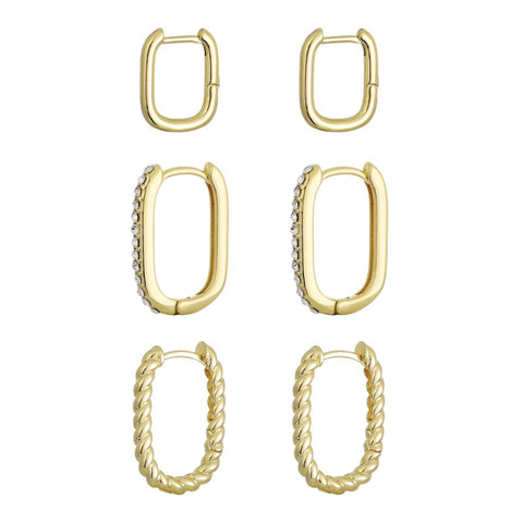 14k Gold Plated Set of 3 Rectangle Hoop Earrings