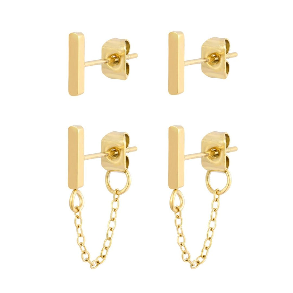 Tarnish Resistant 18k Gold Plated Wrap Around Chain and Bar Stud Earring Set