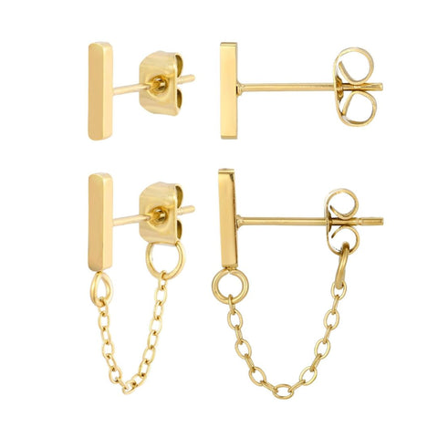 Tarnish Resistant 18k Gold Plated Wrap Around Chain and Bar Stud Earring Set