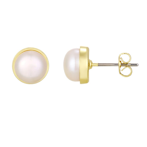 14k Gold Plated Freshwater Pearl Button Stud Earrings