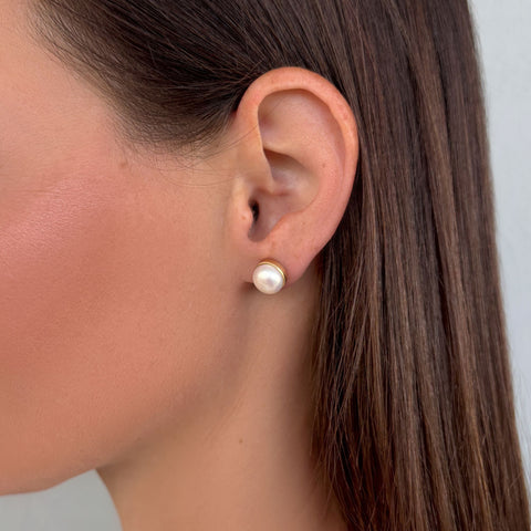 14k Gold Plated Freshwater Pearl Button Stud Earrings