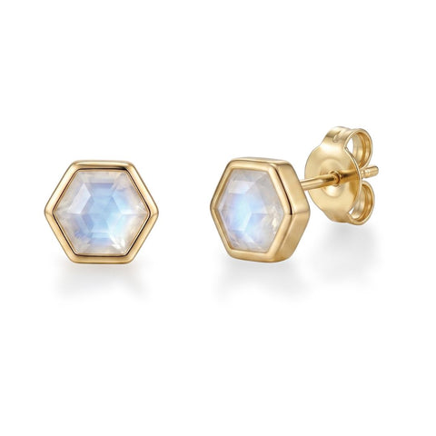 14k Gold Plated Hexagon Moonstone Stud Earrings