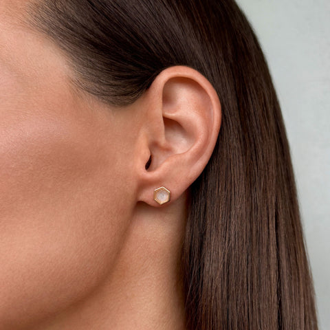 14k Gold Plated Hexagon Moonstone Stud Earrings
