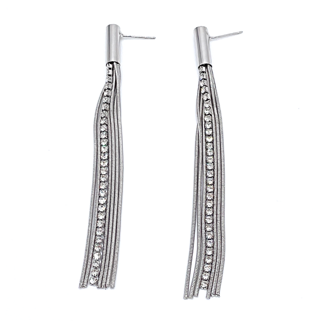 Rhodium Plated Chain and Stone Drop Earrings