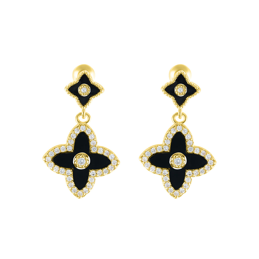 14k Gold Plated Black Clover Drop Earrings