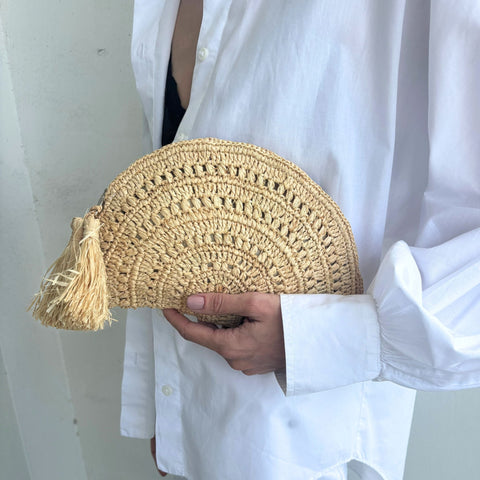 Adornia Raffia Moon Clutch