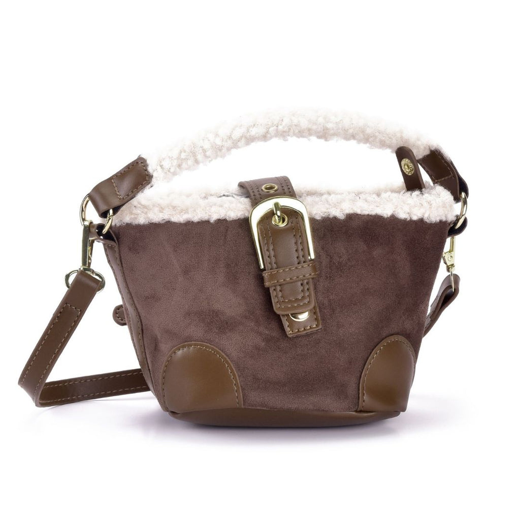Brown Belted Bucket Bag with Shearling Detail