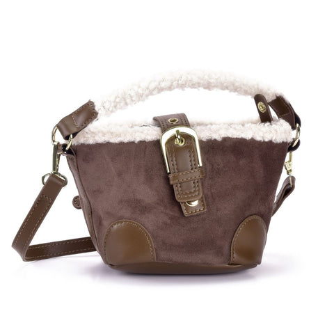 Brown Belted Bucket Bag with Shearling Detail