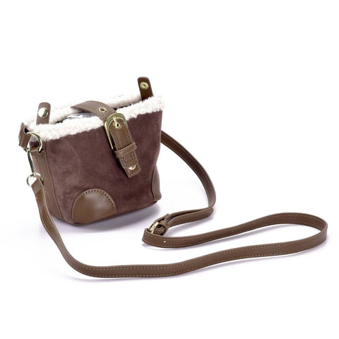 Brown Belted Bucket Bag with Shearling Detail