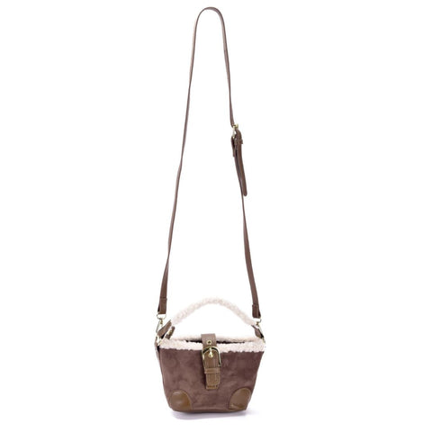 Brown Belted Bucket Bag with Shearling Detail