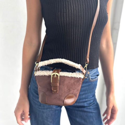 Brown Belted Bucket Bag with Shearling Detail