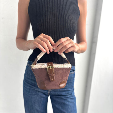 Brown Belted Bucket Bag with Shearling Detail