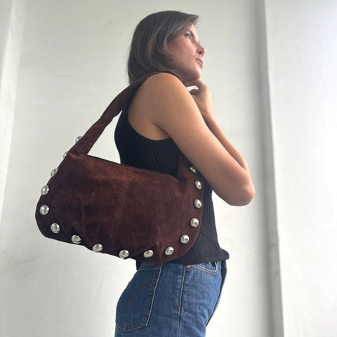 Dark Brown Studded Crescent Bag