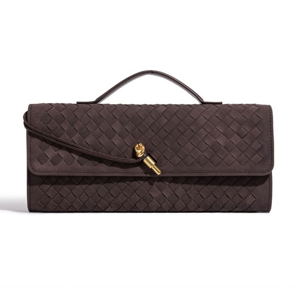 Suede Dark Brown Woven Baguette Bag