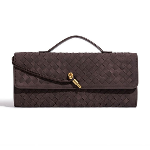 Suede Dark Brown Woven Baguette Bag